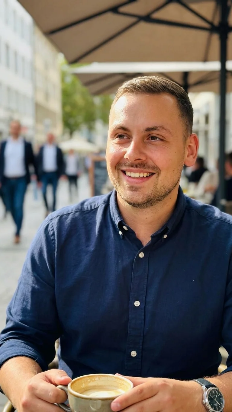 Tim, entspannt mit einem Kaffee im Freien